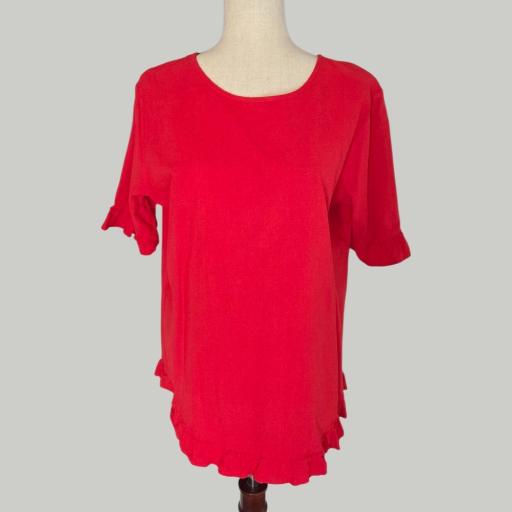 Red High Low Ruffle Blouse Tunic Large Button Back Keyhole - Picture 2 of 7
